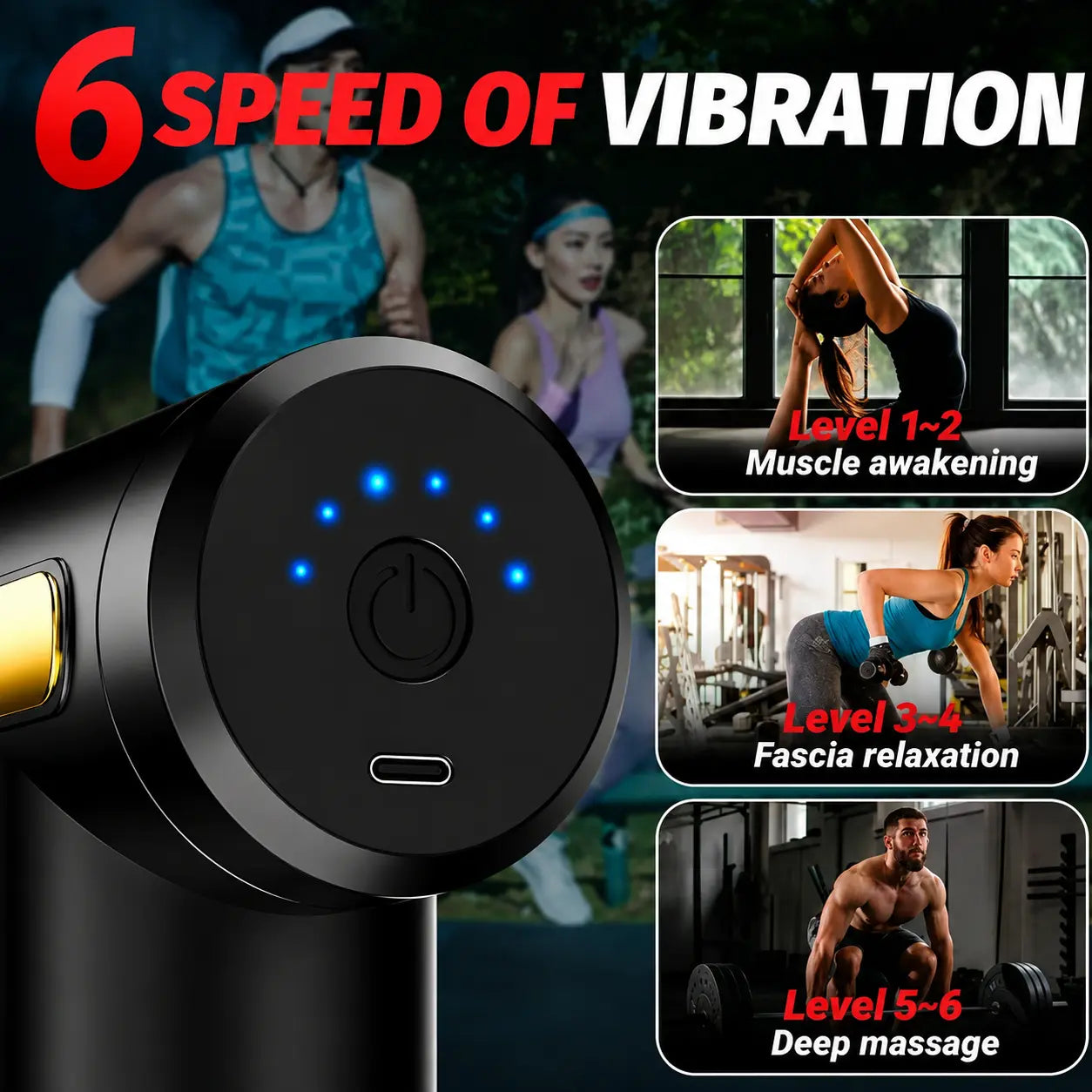Premium & Portable Deep Tissue Massage Gun with 4 Interchangeable Massage Heads & 6 Speed Levels – USB Rechargeable Auto Body Fit