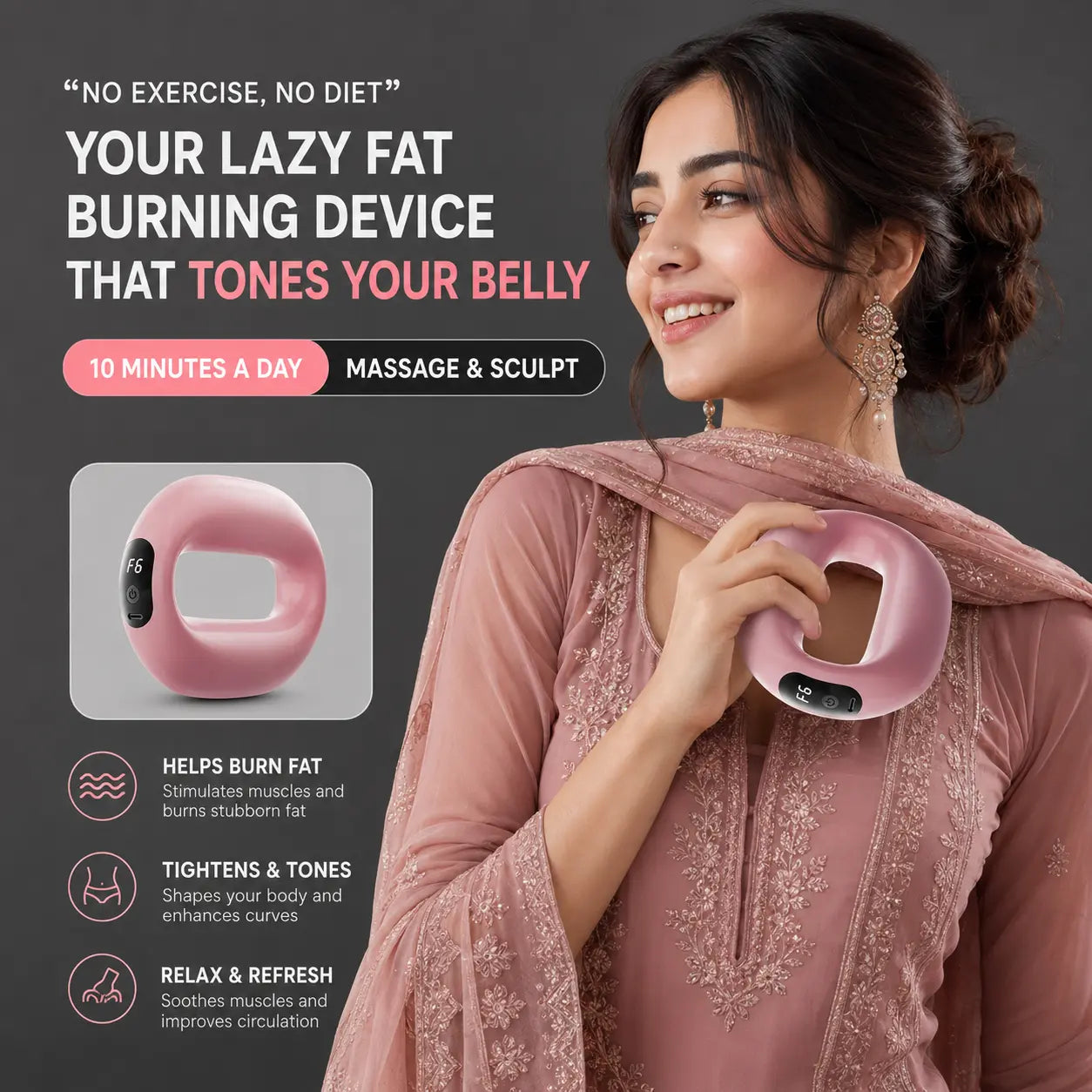 Portable Fascia Ring Muscle Massager – 9 Vibration Modes | USB Rechargeable | Deep Tissue Body Massage Device (Pink & White) Auto Body Fit
